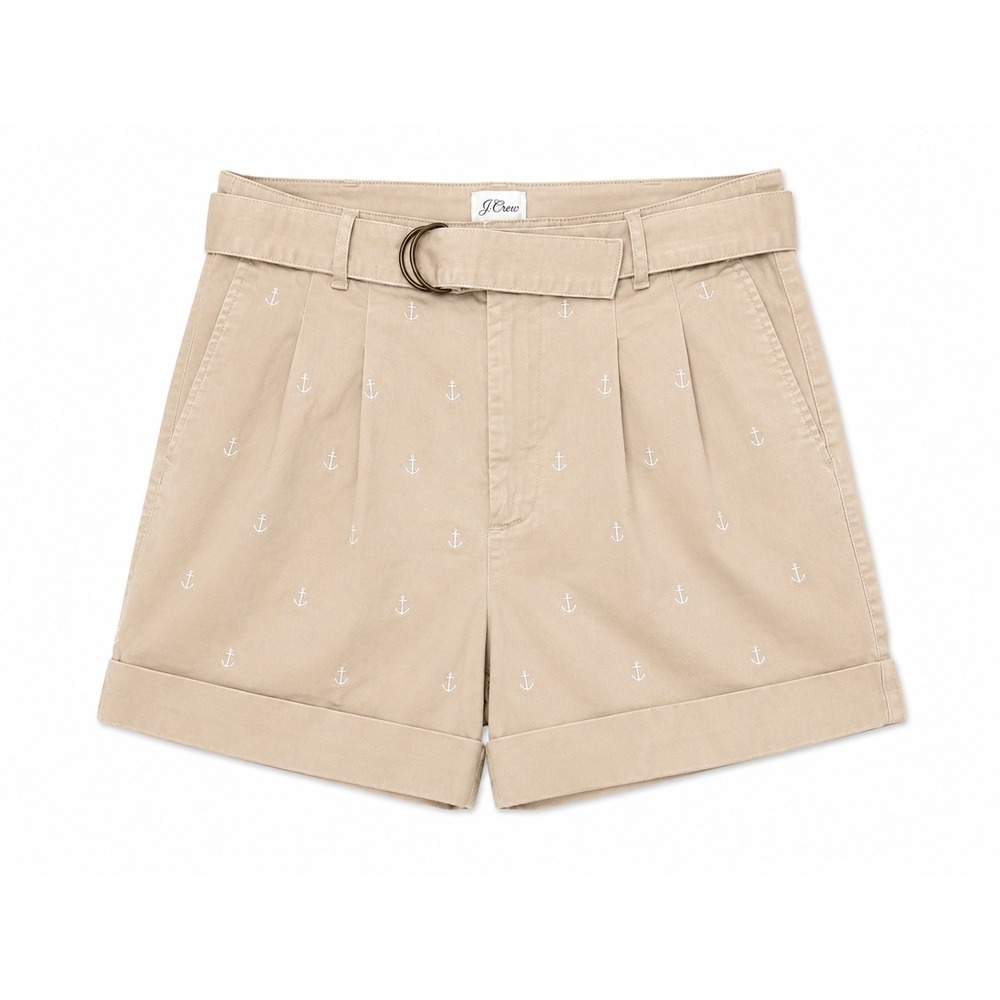 J.Crew Women's Size 8 Khaki Anchor Print Belted Cuffed Chino Shorts Stretch